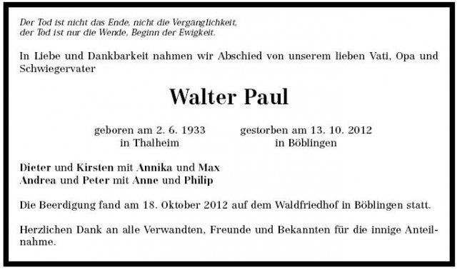 Paul Walter 1933-2012 Todesanzeige